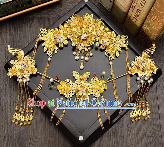 Traditional Handmade Chinese Ancient Wedding Hair Accessories Xiuhe Suit Golden Pearls Tassel Step Shake Phoenix Coronet Complete Set, Bride Hair Sticks Hair Jewellery for Women