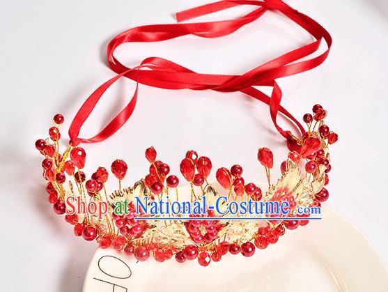 Top Grade Handmade Chinese Classical Hair Accessories Baroque Style Wedding Red Beads Crown Headband Bride Hair Clasp for Women