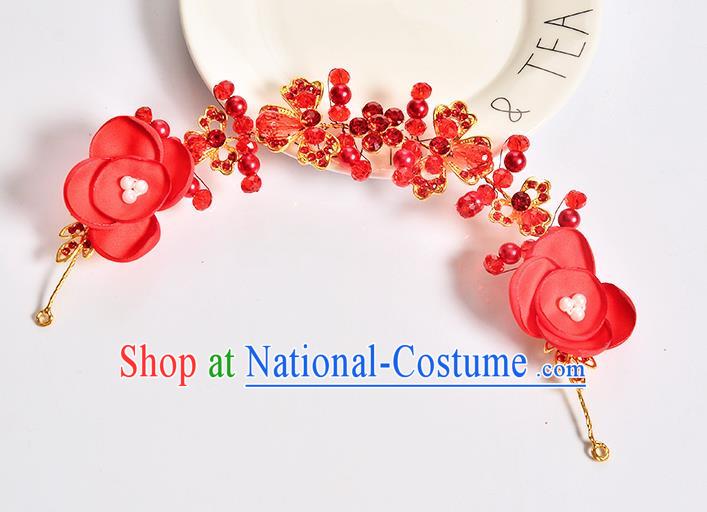 Top Grade Handmade Chinese Classical Hair Accessories Baroque Style Wedding Red Flowers Hair Stick Headband Bride Hair Claw for Women