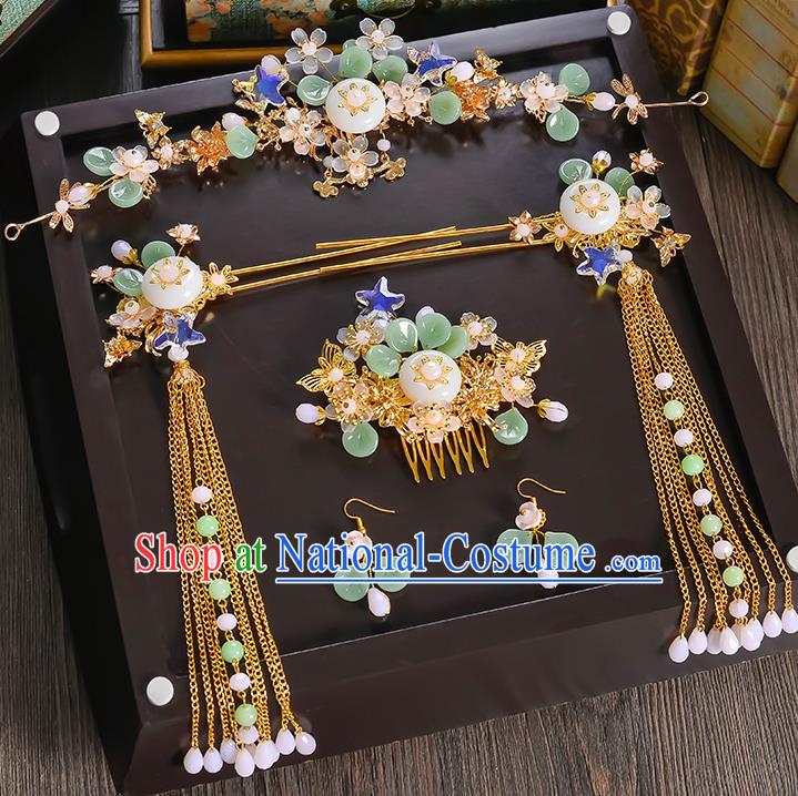 Traditional Handmade Chinese Ancient Wedding Hair Accessories Xiuhe Suit Phoenix Coronet Hair Comb Complete Set, Bride Hanfu Hairpins Hair Sticks Hair Jewellery for Women