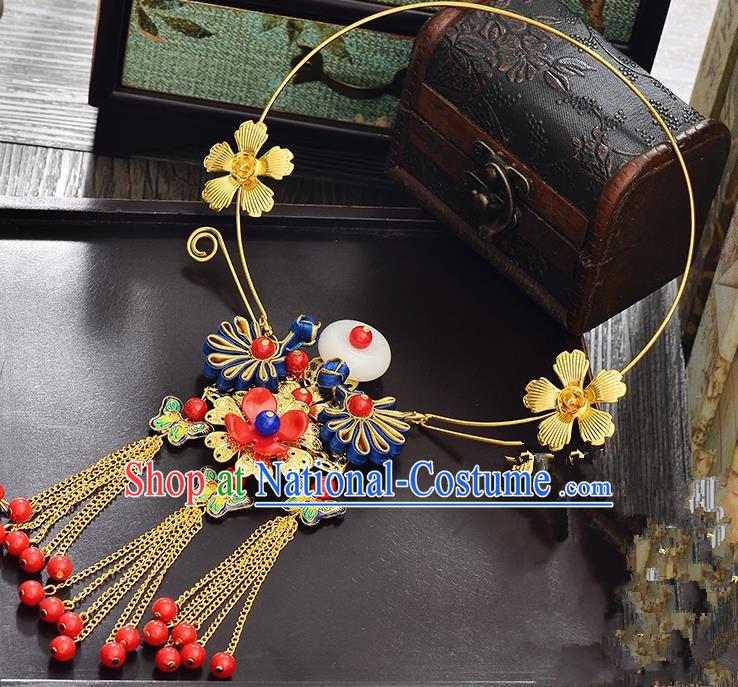 Top Grade Handmade Chinese Classical Jewelry Accessories Xiuhe Suit Wedding Necklace Bride Blueing Butterfly Flowers Tassel Necklet for Women