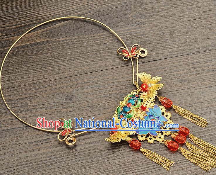 Top Grade Handmade Chinese Classical Jewelry Accessories Xiuhe Suit Wedding Necklace Bride Blueing Lotus Flowers Tassel Necklet for Women