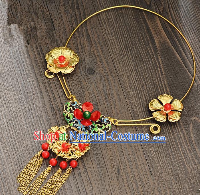 Top Grade Handmade Chinese Classical Jewelry Accessories Xiuhe Suit Wedding Necklace Bride Golden Flowers Tassel Collar Necklet for Women