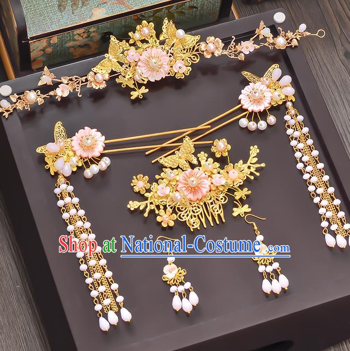 Traditional Handmade Chinese Ancient Wedding Hair Accessories Xiuhe Suit Pink Flowers Pearls Tassel Step Shake Complete Set, Bride Hanfu Hairpins Hair Sticks Hair Jewellery for Women