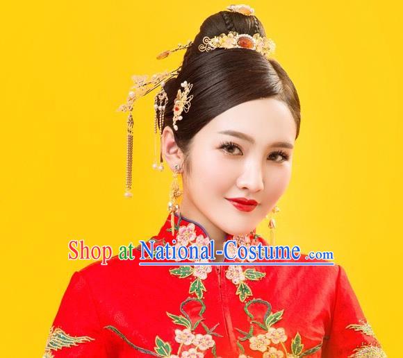 Traditional Handmade Chinese Ancient Wedding Hair Accessories Xiuhe Suit Phoenix Coronet Tassel Step Shake Complete Set, Bride Hanfu Hairpins Hair Sticks Hair Jewellery for Women