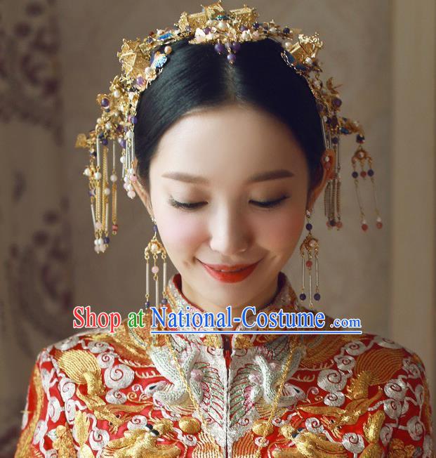 Traditional Handmade Chinese Ancient Wedding Hair Accessories Xiuhe Suit Phoenix Coronet Complete Set, Bride Tassel Step Shake Hanfu Hairpins Hair Sticks Hair Jewellery for Women