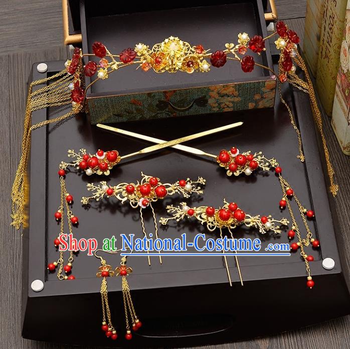 Traditional Handmade Chinese Ancient Classical Hair Accessories Xiuhe Suit Tassel Hairpin Phoenix Coronet Complete Set, Step Shake Hair Sticks Hair Jewellery for Women