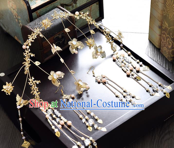 Traditional Handmade Chinese Ancient Classical Hair Accessories Xiuhe Suit Butterfly Tassel Hairpin Opal Phoenix Coronet Complete Set, Step Shake Hair Sticks Hair Jewellery for Women