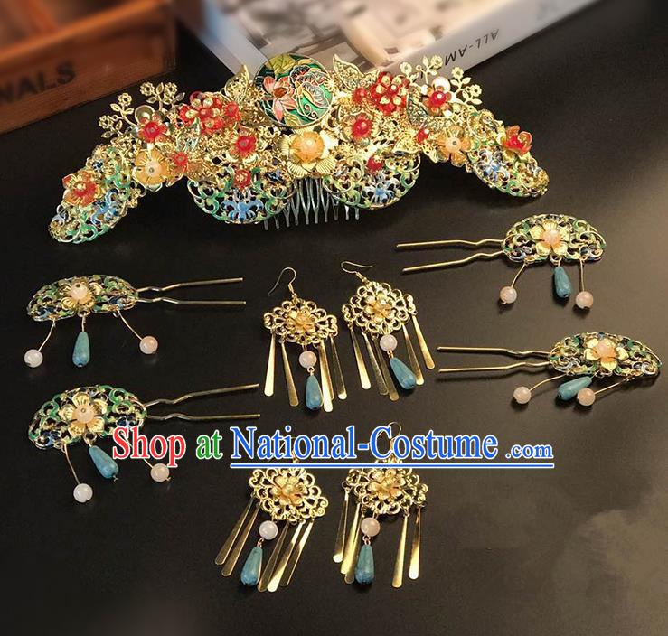 Traditional Handmade Chinese Ancient Classical Hair Accessories Xiuhe Suit Cloisonn Hairpin Phoenix Coronet Complete Set, Step Shake Hair Sticks Hair Jewellery for Women