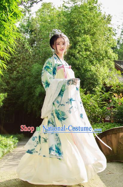 Traditional Chinese Tang Dynasty Imperial Consort Hanfu Costume, China Ancient Green Dress Palace Princess Peri Printing Clothing for Women