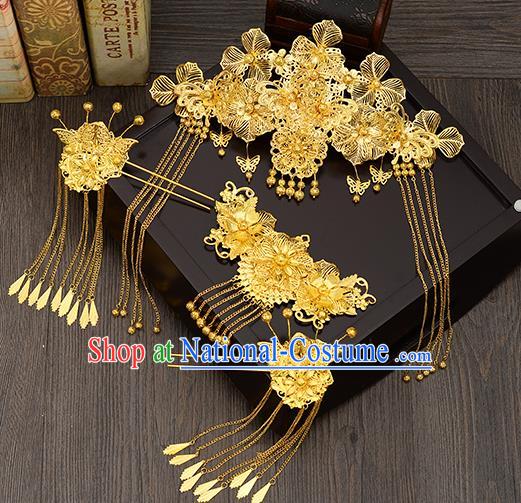 Traditional Handmade Chinese Ancient Wedding Hair Accessories Xiuhe Suit Golden Butterfly Tassel Step Shake Phoenix Coronet Complete Set, Bride Hair Sticks Hair Jewellery for Women