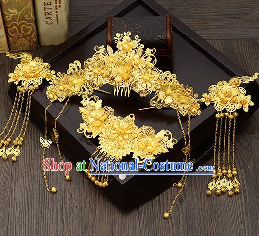 Traditional Handmade Chinese Ancient Wedding Hair Accessories Xiuhe Suit Golden Hair Comb Tassel Step Shake Phoenix Coronet Complete Set, Bride Hair Sticks Hair Jewellery for Women