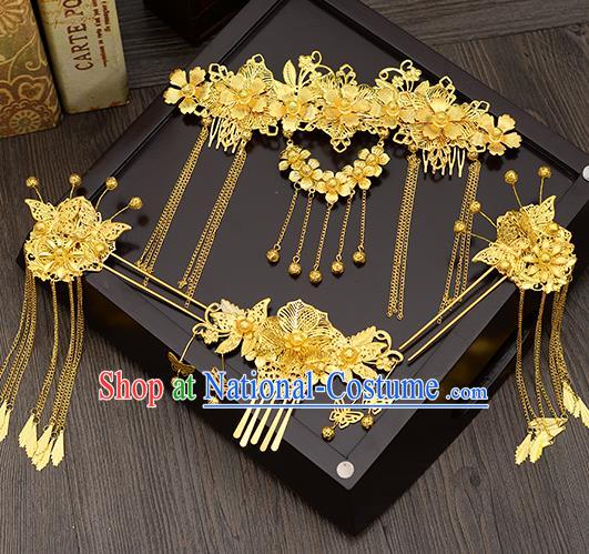 Traditional Handmade Chinese Ancient Wedding Hair Accessories Xiuhe Suit Golden Hair Comb Tassel Frontlet Phoenix Coronet Complete Set, Bride Hair Sticks Hair Jewellery for Women