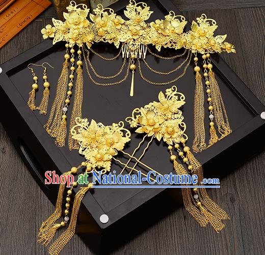 Traditional Handmade Chinese Ancient Wedding Hair Accessories Xiuhe Suit Golden Tassel Frontlet Phoenix Coronet Complete Set, Bride Hair Sticks Hair Jewellery for Women