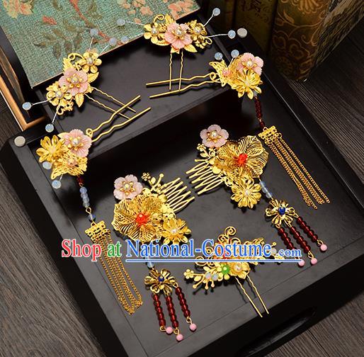 Traditional Handmade Chinese Ancient Wedding Hair Accessories Xiuhe Suit Pink Shell Tassel Frontlet Phoenix Coronet Complete Set, Bride Hair Sticks Hair Jewellery for Women