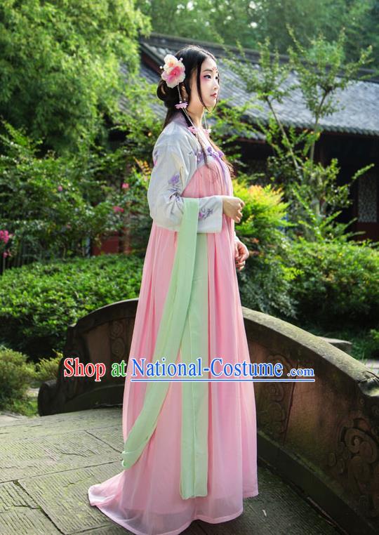 Traditional Chinese Tang Dynasty Imperial Consort Hanfu Costume, China Ancient Pink Slip Dress Palace Princess Peri Printing Clothing for Women