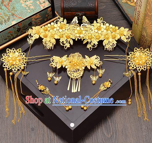 Traditional Handmade Chinese Ancient Wedding Hair Accessories Xiuhe Suit Pink Shell Tassel Frontlet Phoenix Coronet Complete Set, Bride Hair Sticks Hair Jewellery for Women