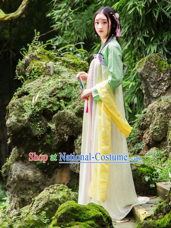 Traditional Chinese Tang Dynasty Imperial Consort Hanfu Costume, China Ancient Green Slip Dress Palace Princess Peri Printing Clothing for Women