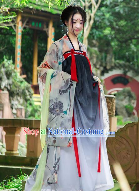 Traditional Chinese Tang Dynasty Imperial Consort Hanfu Printing Lotus Cardigan Costume, China Ancient Green Slip Dress Palace Princess Peri Clothing for Women