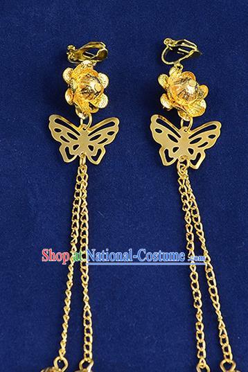 Top Grade Handmade Chinese Classical Jewelry Accessories Xiuhe Suit Wedding Golden Butterfly Earrings Bride Tassel Eardrop for Women