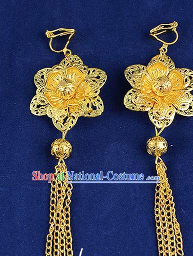 Top Grade Handmade Chinese Classical Jewelry Accessories Xiuhe Suit Wedding Golden Flower Earrings Bride Tassel Eardrop for Women