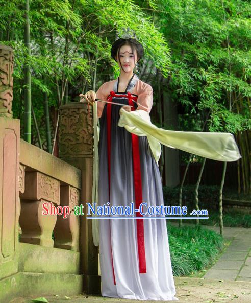 Traditional Chinese Tang Dynasty Imperial Consort Hanfu Printing Costume, China Ancient Slip Dress Palace Princess Peri Clothing for Women