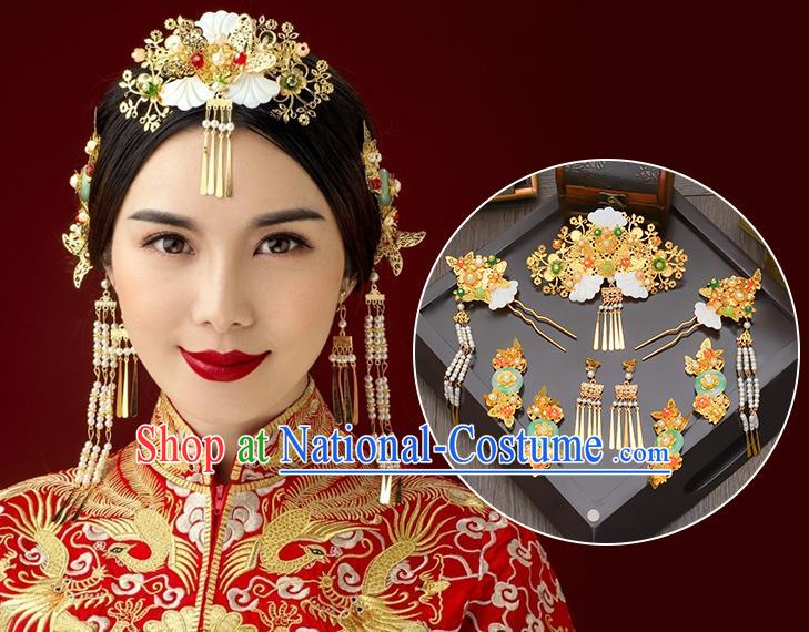 Traditional Handmade Chinese Ancient Wedding Hair Accessories Xiuhe Suit White Shell Tassel Phoenix Coronet Complete Set, Bride Hair Sticks Hair Jewellery for Women