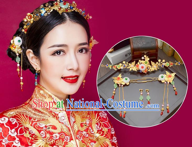 Traditional Handmade Chinese Ancient Wedding Hair Accessories Xiuhe Suit Green Jade Tassel Phoenix Coronet Complete Set, Bride Hair Sticks Hair Jewellery for Women