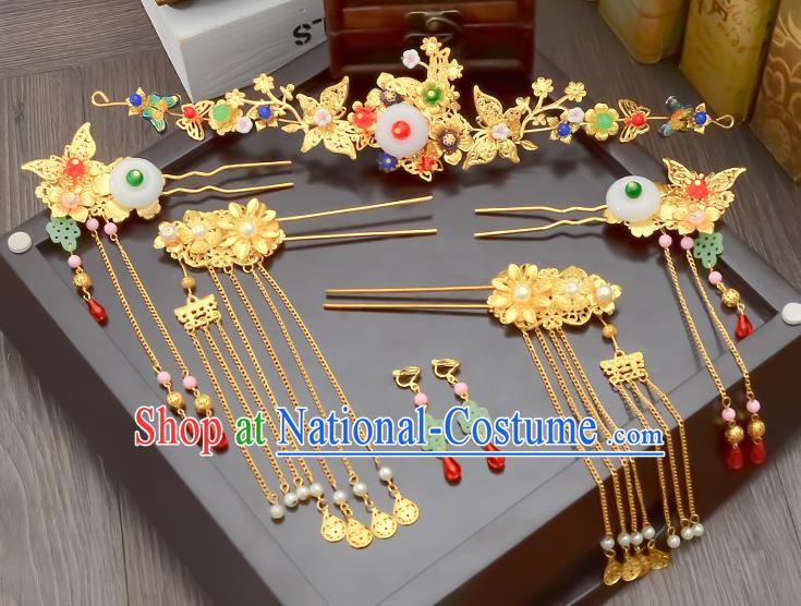 Traditional Handmade Chinese Ancient Wedding Hair Accessories Xiuhe Suit White Jade Tassel Phoenix Coronet Complete Set, Bride Hair Sticks Hair Jewellery for Women