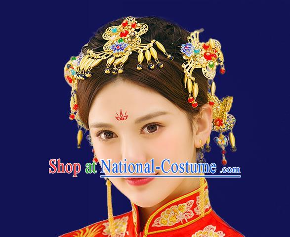 Traditional Handmade Chinese Ancient Wedding Hair Accessories Xiuhe Suit Cloisonn Phoenix Coronet Complete Set, Bride Hanfu Hair Sticks Hair Jewellery for Women