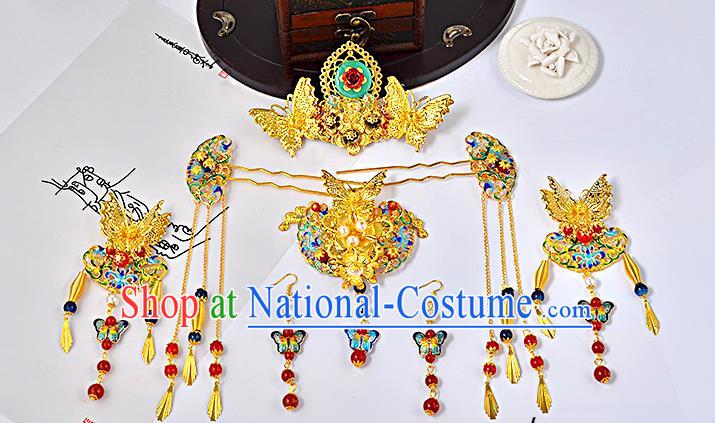 Traditional Handmade Chinese Ancient Wedding Hair Accessories Xiuhe Suit Cloisonn Butterfly Phoenix Coronet Complete Set, Bride Hanfu Hair Sticks Hair Jewellery for Women