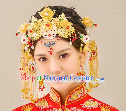 Traditional Handmade Chinese Ancient Wedding Hair Accessories Xiuhe Suit Golden Tassel Phoenix Coronet Complete Set, Bride Hanfu Hair Sticks Hair Jewellery for Women