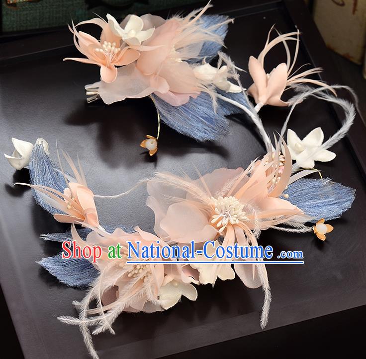 Top Grade Handmade Chinese Classical Hair Accessories Baroque Style Wedding Blue Feather Hair Clasp Headband Bride Headwear for Women