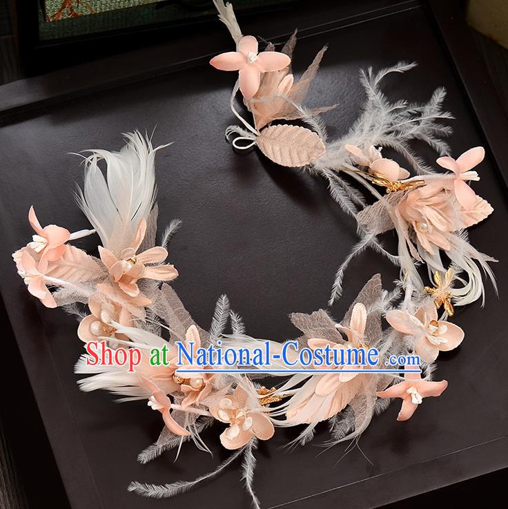 Top Grade Handmade Chinese Classical Hair Accessories Baroque Style Wedding Pink Feather Hair Clasp Headband Bride Headwear for Women