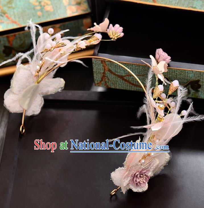 Top Grade Handmade Chinese Classical Hair Accessories Baroque Style Wedding Pink Feather Opal Garland Hair Clasp Headband Bride Headwear for Women