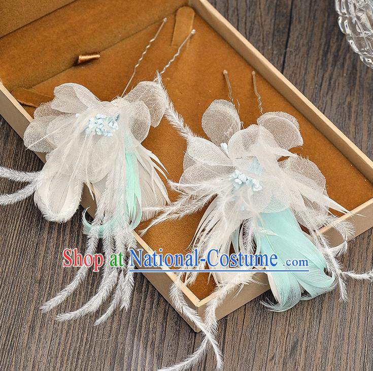 Top Grade Handmade Chinese Classical Hair Accessories Baroque Style Wedding Blue Feather Hairpins Hair Claw Headband Bride Headwear for Women