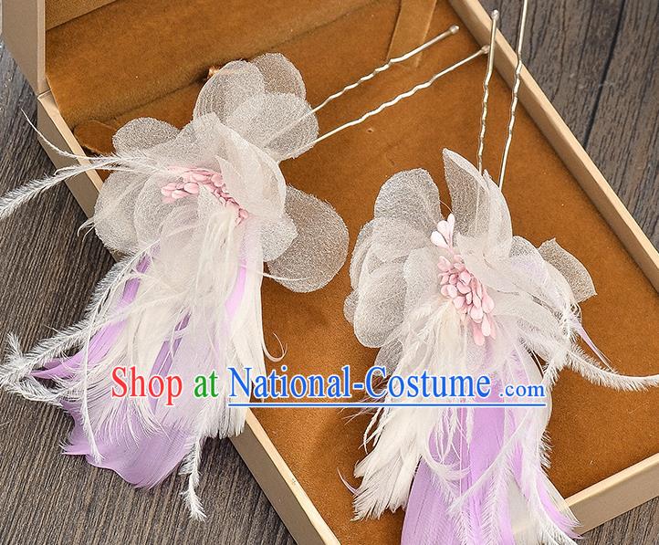 Top Grade Handmade Chinese Classical Hair Accessories Baroque Style Wedding Purple Feather Hairpins Hair Claw Headband Bride Headwear for Women