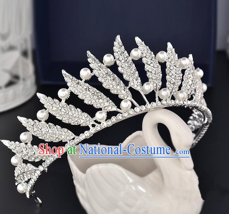 Top Grade Handmade Hair Accessories Baroque Style Wedding Crystal Leaf White Pearls Royal Crown, Bride Princess Hair Kether Jewellery Hair Clasp for Women