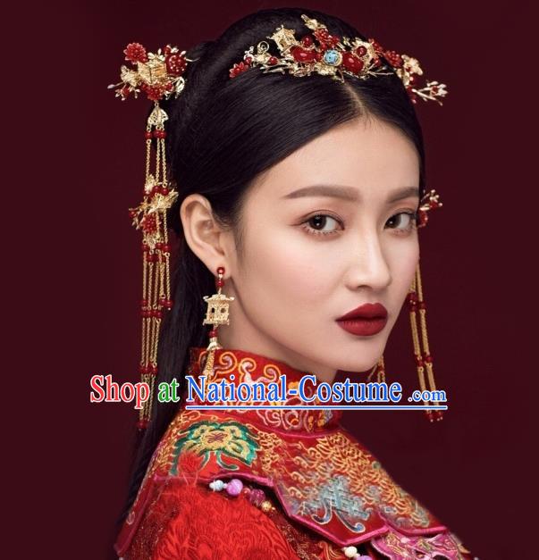 Traditional Handmade Chinese Ancient Wedding Hair Accessories Xiuhe Suit Tassel Step Shake Red Frontlet Complete Set, Bride Hanfu Hair Sticks Hair Jewellery for Women