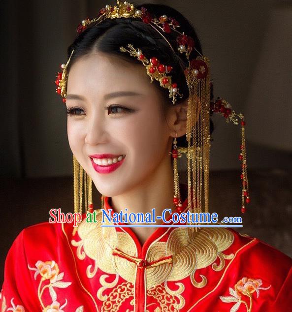 Traditional Handmade Chinese Ancient Wedding Hair Accessories Xiuhe Suit Red Tassel Step Shake Complete Set, Bride Hanfu Hair Sticks Hair Jewellery for Women