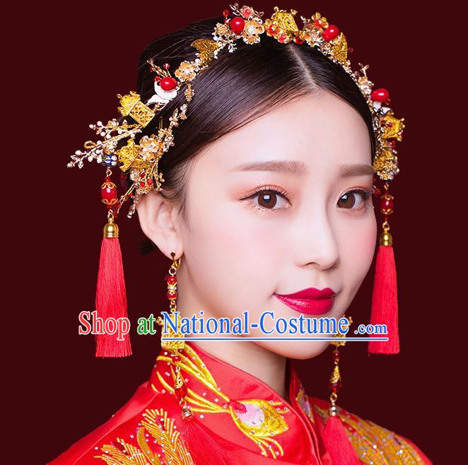 Traditional Handmade Chinese Ancient Wedding Hair Accessories Xiuhe Suit Red Tassel Phoenix Coronet Complete Set, Bride Hanfu Hair Sticks Hair Jewellery for Women