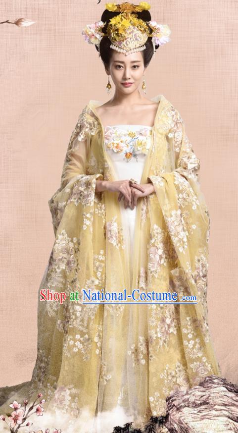 Traditional Chinese Tang Dynasty Imperial Empress Embroidery Costume and Headpiece Complete Set, Once Upon a Time Chinese Ancient Palace Lady Hanfu Dress Clothing for Women