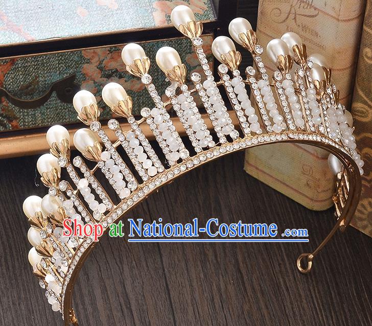 Top Grade Handmade Hair Accessories Baroque Style Wedding Crystal Golden Pearls Royal Crown, Bride Princess Hair Kether Jewellery Imperial Crown for Women