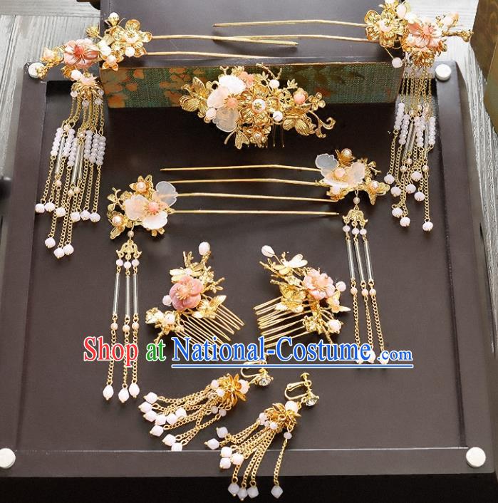 Traditional Handmade Chinese Ancient Wedding Hair Accessories Xiuhe Suit Beads Phoenix Coronet Complete Set, Bride Tassel Step Shake Hanfu Hairpins Hair Sticks Hair Jewellery for Women