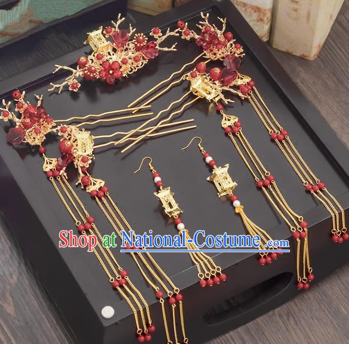 Traditional Handmade Chinese Ancient Wedding Hair Accessories Xiuhe Suit Red Beads Phoenix Coronet Complete Set, Bride Tassel Step Shake Hanfu Hairpins Hair Sticks Hair Jewellery for Women