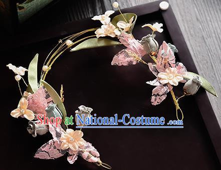 Top Grade Handmade Chinese Classical Hair Accessories Princess Wedding Pink Lace Flowers Butterfly Hair Clasp Headband Bride Headwear for Women