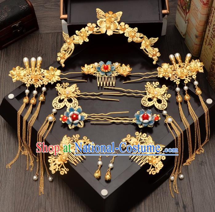 Traditional Handmade Chinese Ancient Wedding Hair Accessories Xiuhe Suit Pearls Phoenix Coronet Complete Set, Bride Tassel Step Shake Hanfu Hairpins Hair Sticks Hair Jewellery for Women