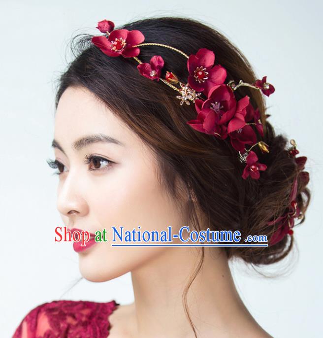 Top Grade Handmade Chinese Classical Hair Accessories Princess Wedding Red Flowers Hair Clasp Headband Bride Headwear for Women