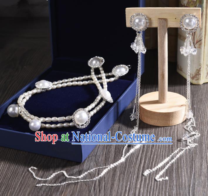 Top Grade Handmade Chinese Classical Jewelry Accessories Princess Wedding Pearls Earrings and Necklace Bride Eardrop for Women