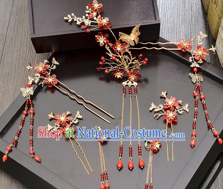 Traditional Handmade Chinese Ancient Wedding Hair Accessories Xiuhe Suit Butterfly Flower Phoenix Coronet Complete Set, Bride Tassel Step Shake Hanfu Hairpins Hair Sticks Hair Jewellery for Women